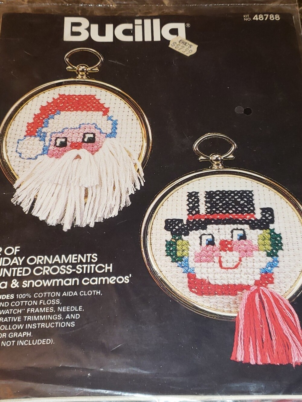 Vintage Bucilla "Santa & Snowman Cameos" Cross-Stitch Holiday Ornament Kit